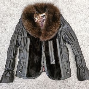 Cache Leather Jacket Fur Trim Medium Brown